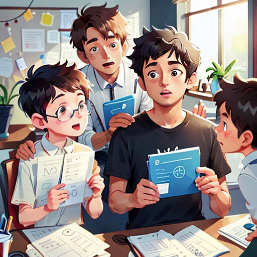 a group of people standing around a table with papers in front of them and a man holding a clipboard