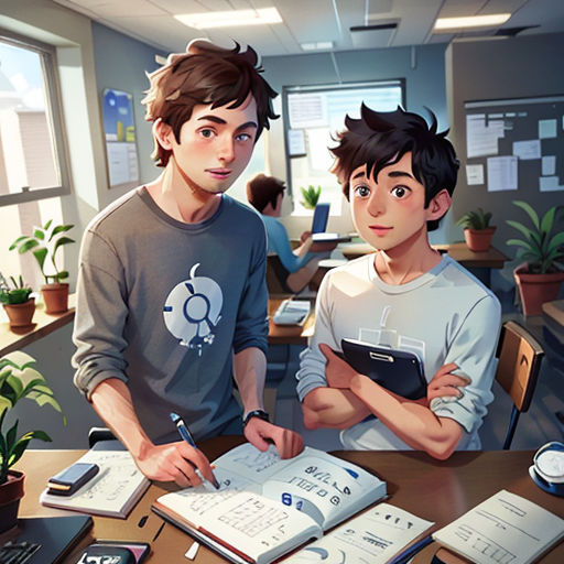 two people standing in an office with a desk full of books and a notebook on it, with a plant in the background