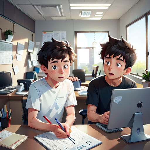 two young boys sitting at a desk with a laptop and a notebook in front of them, one of them is looking at the screen