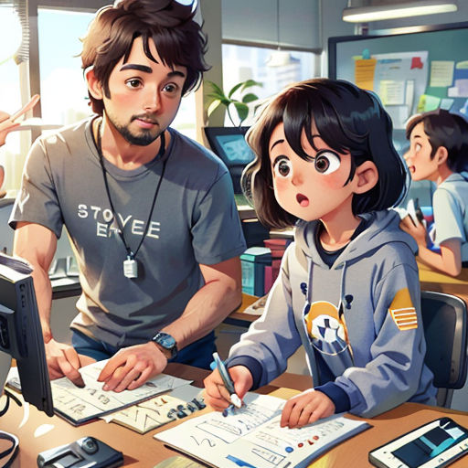 a man and a little girl are sitting at a desk with a computer and a monitor and a pen