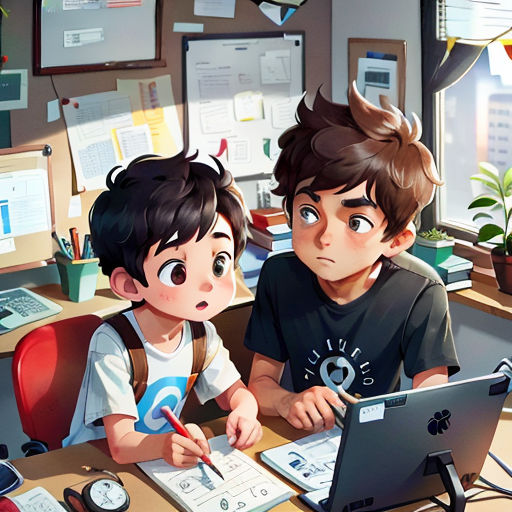 two children sitting at a desk with a laptop and a pen in front of them, looking at a monitor