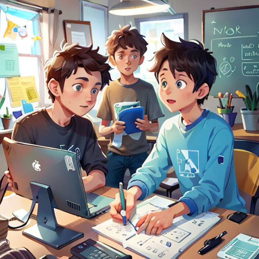 a group of young men sitting at a table with laptops and papers in front of them, with a teacher in the background