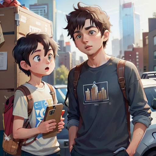two young boys standing next to each other in front of a cityscape with a tablet computer in their hands