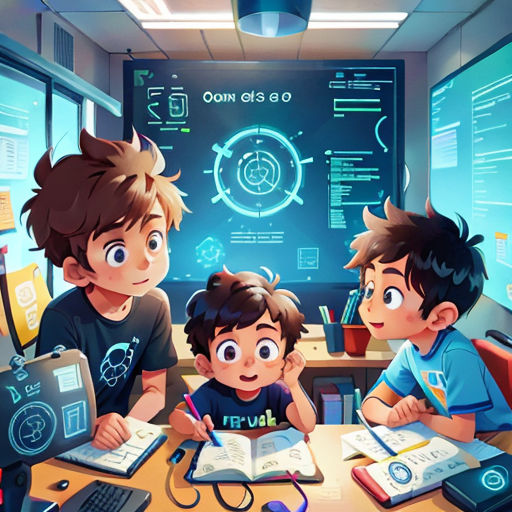 a group of kids sitting at a table with books and laptops in front of them, with a screen showing a futuristic interface
