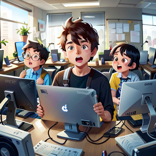 a group of children sitting at a table with laptops in front of them and a man standing behind them