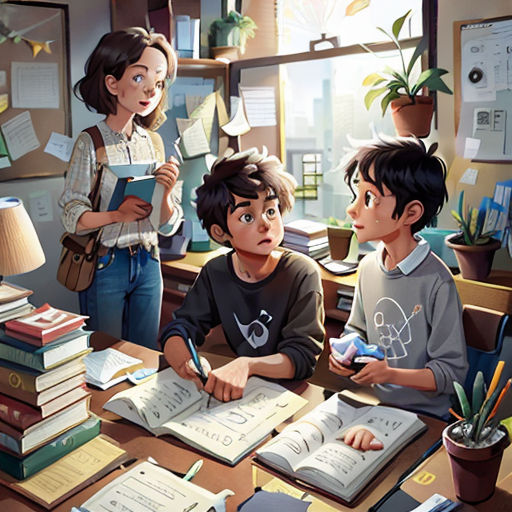 a group of children sitting at a table with books and papers in front of them, with a woman standing behind them