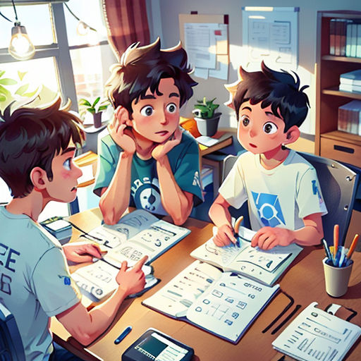 a group of kids sitting at a table with papers and pens in front of them, looking at a computer screen