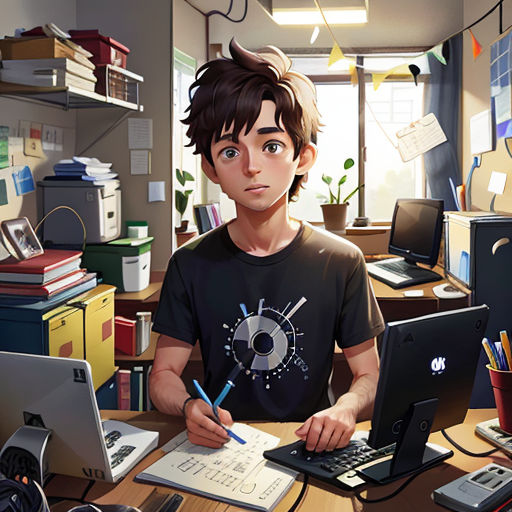 a boy sitting at a desk with a laptop and a notebook in front of him and a computer on the desk