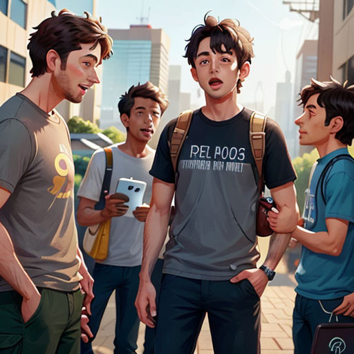 a group of young men standing next to each other on a street corner with buildings in the background and a man holding a cell phone