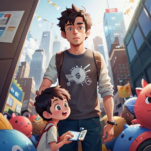 a man and a boy standing in front of a bunch of balloons with a cell phone in their hand