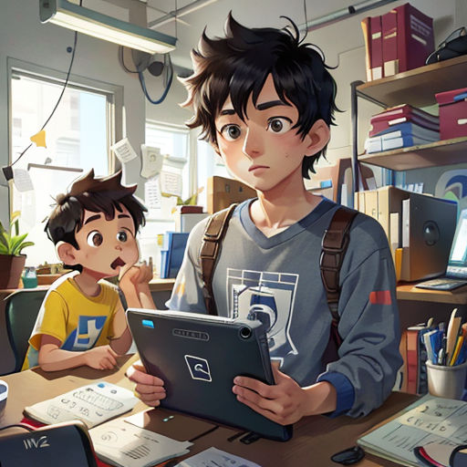a boy and a boy are looking at a laptop screen in a messy room with a bookshelf