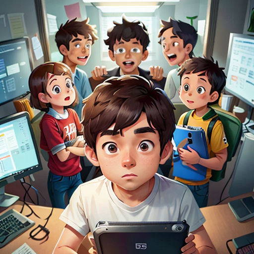 a boy is looking at a computer screen while others look on in the background with a surprised look on his face
