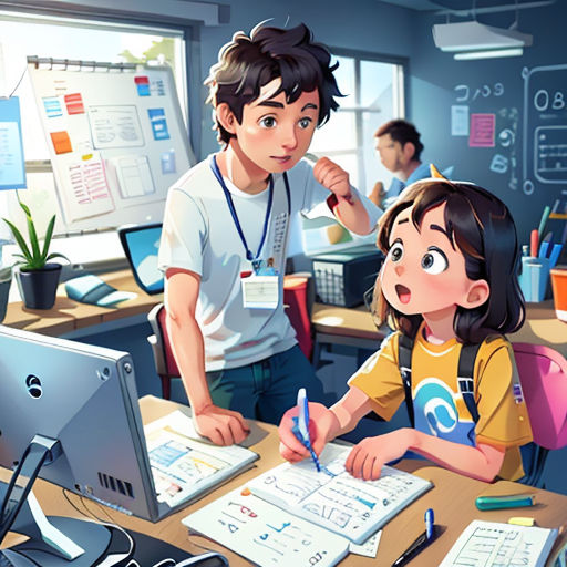 a boy and girl are in a classroom with a computer and a laptop on the desk and a man is looking at the computer screen
