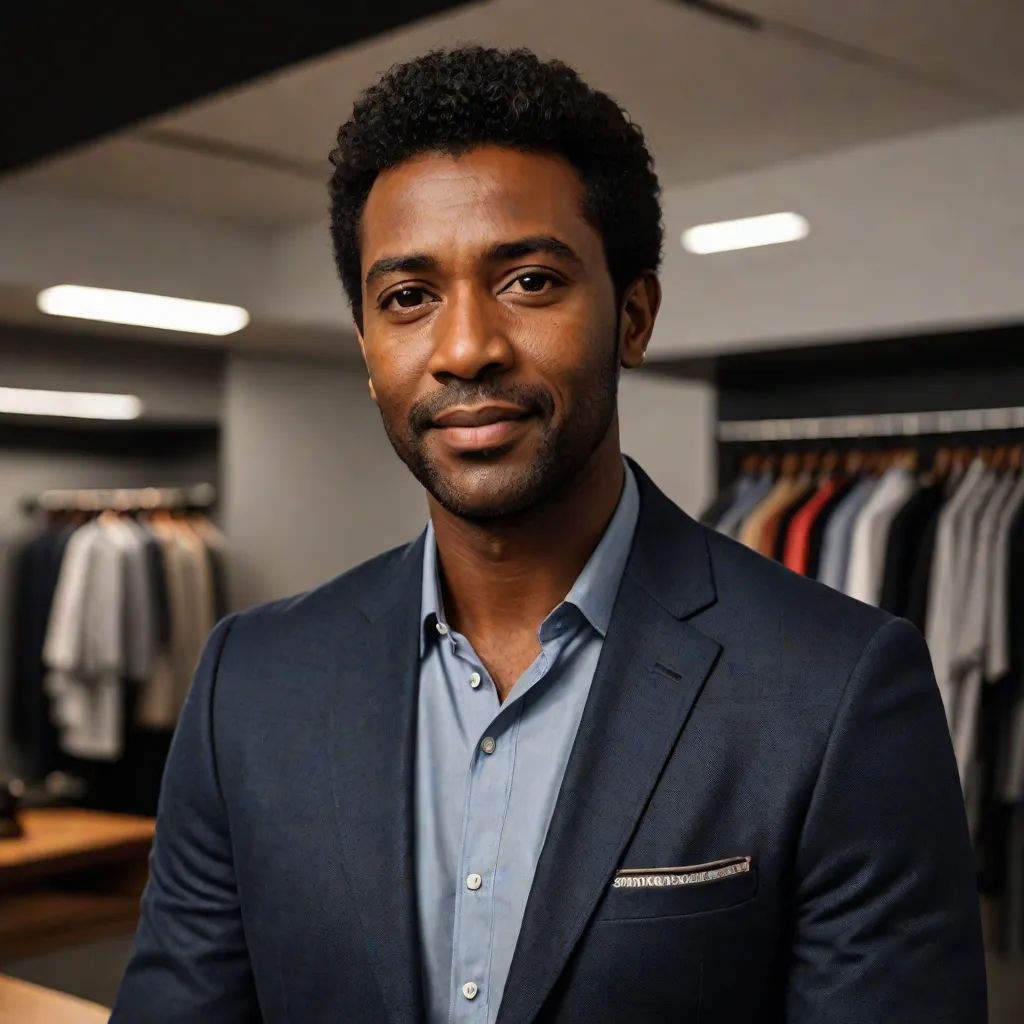 a man in a suit stands in a closet with a rack of shirts on the wall and a rack of shirts on the ceiling, Chris LaBrooy, private press, a character portrait, promotional image