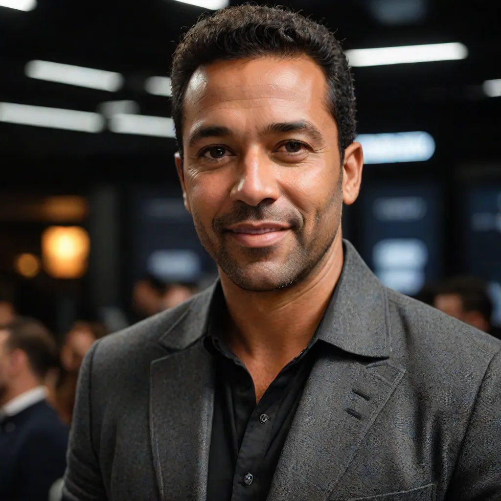 a man in a suit smiling for the camera with a crowd in the background at a business event in a dark room, Andrew Boog Faithfull, black arts movement, a character portrait, promotional image