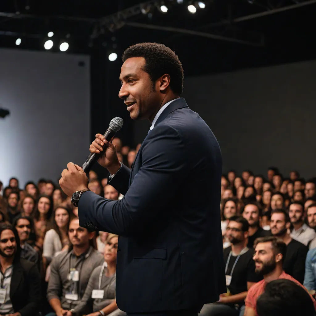a man standing in front of a crowd holding a microphone in his hand and speaking into a microphone in front of a crowd, Derek Hill, american barbizon school, a stock photo, behance hd