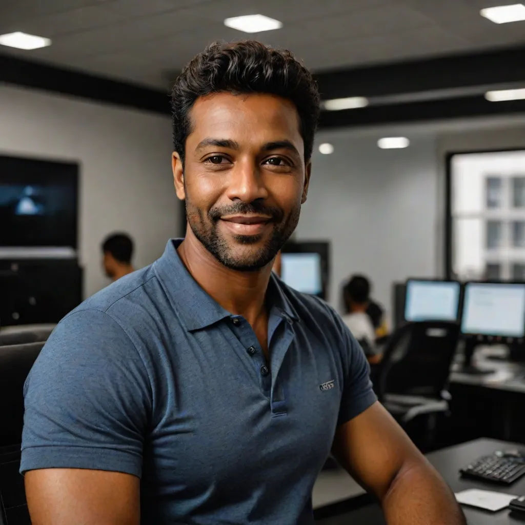 a man in a blue shirt is smiling for the camera in a computer lab with computers on the walls, Cedric Seaut (Keos Masons), samikshavad, a stock photo, jayison devadas