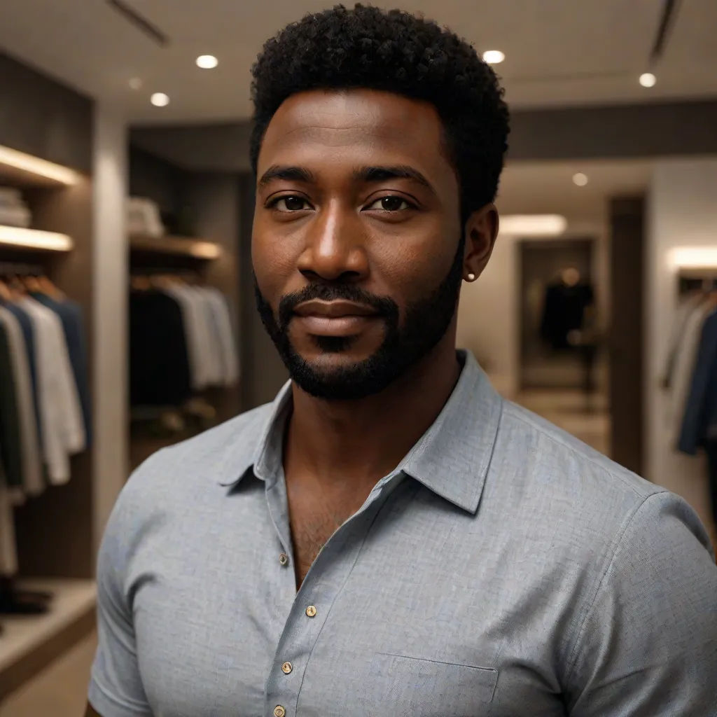 a man in a blue shirt is standing in a store with a rack of shirts on the wall and a rack of shirts on the ceiling, Bruce Onobrakpeya, photorealism, a character portrait, promotional image