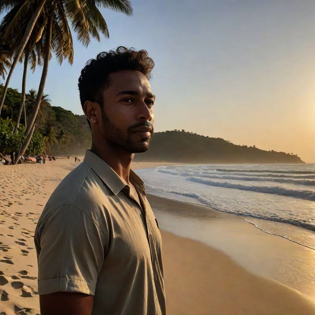 a man standing on a beach next to the ocean with palm trees in the background and a sunset in the sky, Chris LaBrooy, photorealism, a character portrait, anamorphic lens flare
