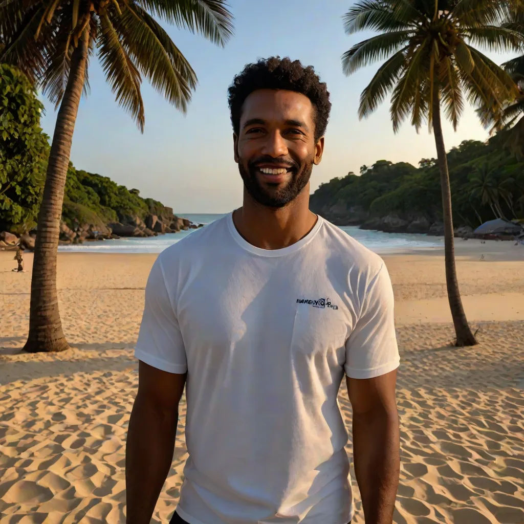 a man standing on a beach next to palm trees and the ocean in the background with a smile on his face, Chris LaBrooy, private press, a character portrait, jayison devadas