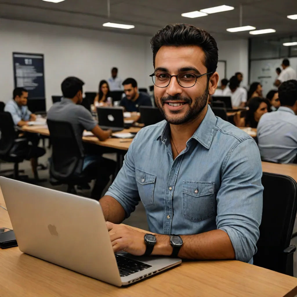 a man sitting at a table with a laptop computer in front of him and people in the background working on laptops, André Castro, samikshavad, a stock photo, jayison devadas