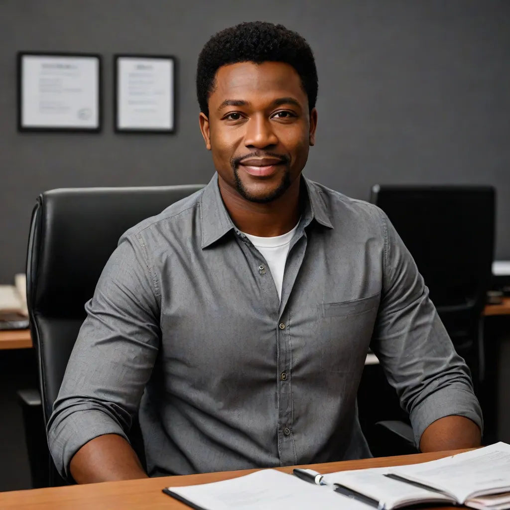 a man sitting at a desk with a book and a laptop computer in front of him and a binder on the desk, Bruce Onobrakpeya, american barbizon school, a stock photo, professional
