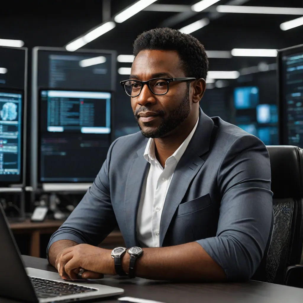 a man sitting at a desk with a laptop computer in front of him and multiple monitors behind him in a dark room, Cedric Seaut (Keos Masons), institutional critique, a stock photo, cybernetics