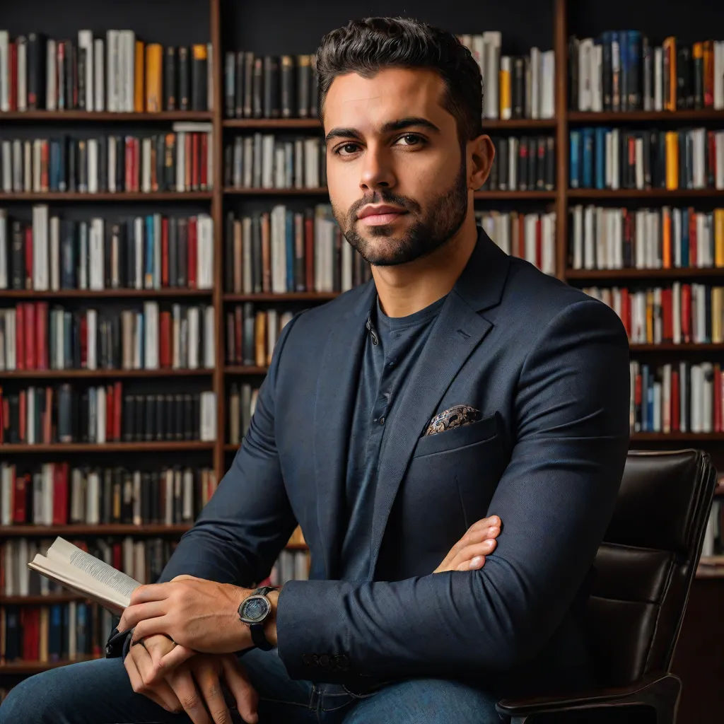 a man sitting in a chair in front of a book shelf with books on it and a watch on his arm, Ahmed Karahisari, academic art, a character portrait, studio portrait