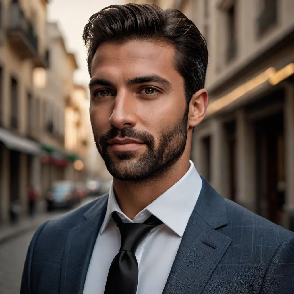 a man in a suit and tie standing in a street corner in a city with buildings and a street, david rubín, mannerism, a character portrait, masculine