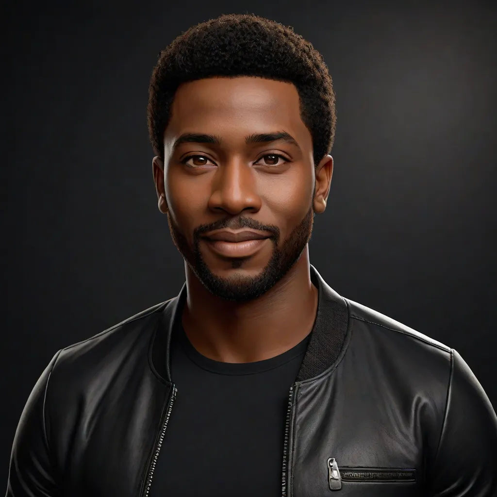 a black man with a beard and a black shirt is wearing a black jacket and a black t - shirt, Derold Page, photorealism, a character portrait, photorealistic portrait