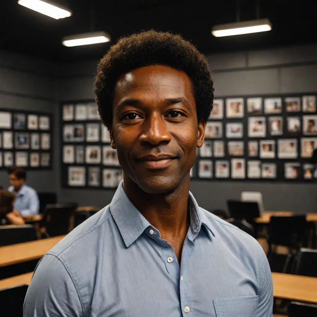 a man in a blue shirt standing in a room with desks and pictures on the wall behind him, Bruce Onobrakpeya, black arts movement, a character portrait, professional photo