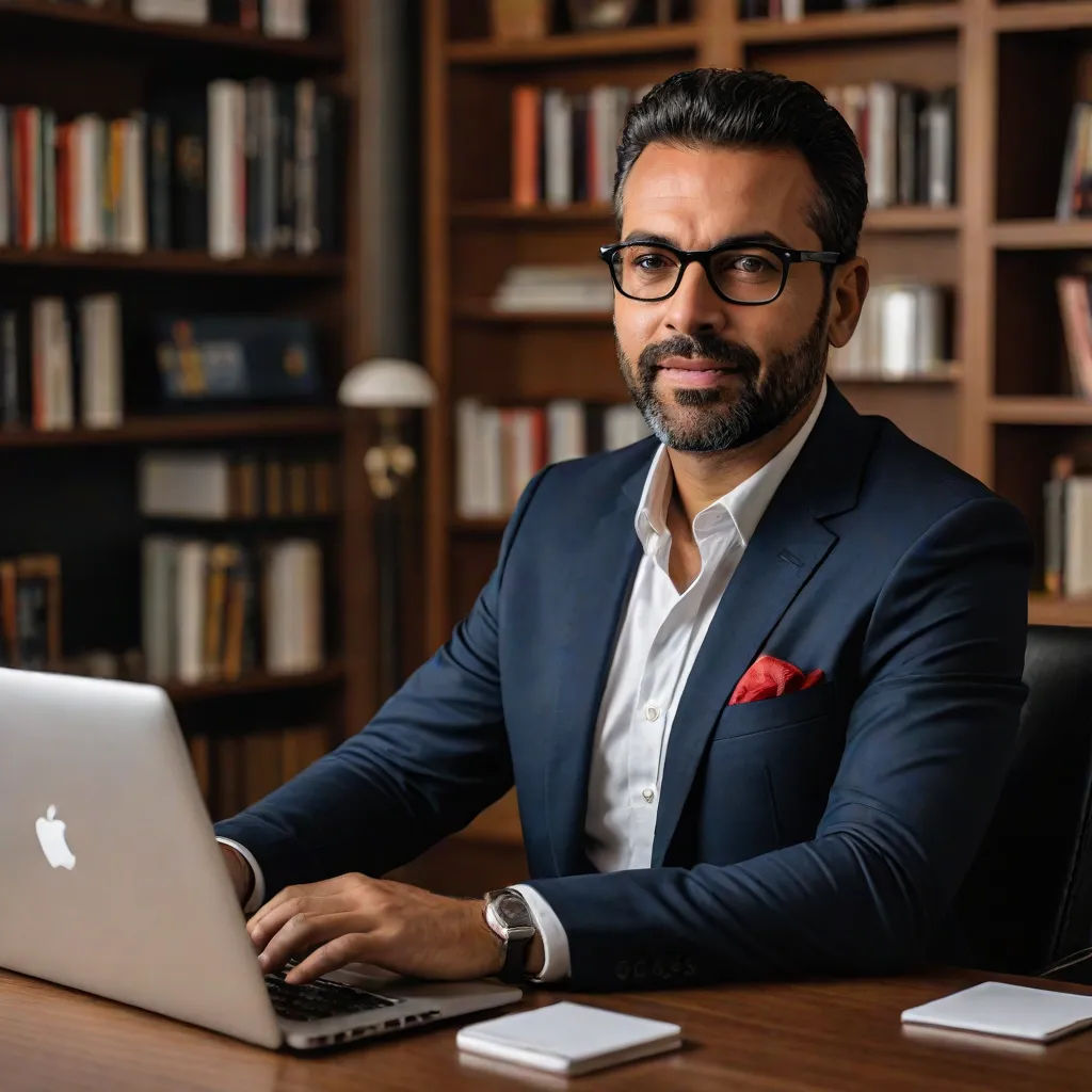 a man in a suit sitting at a desk with a laptop computer in front of him and a bookcase behind him, Ahmed Karahisari, academic art, a stock photo, professional photo