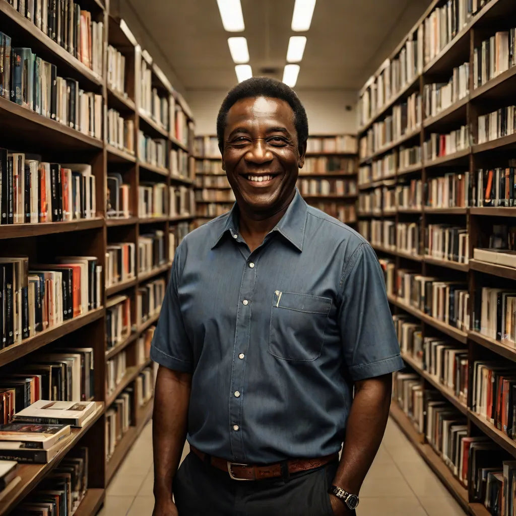 a man standing in a library with a lot of books on shelves behind him and smiling at the camera, Bruce Onobrakpeya, academic art, a character portrait, criterion collection