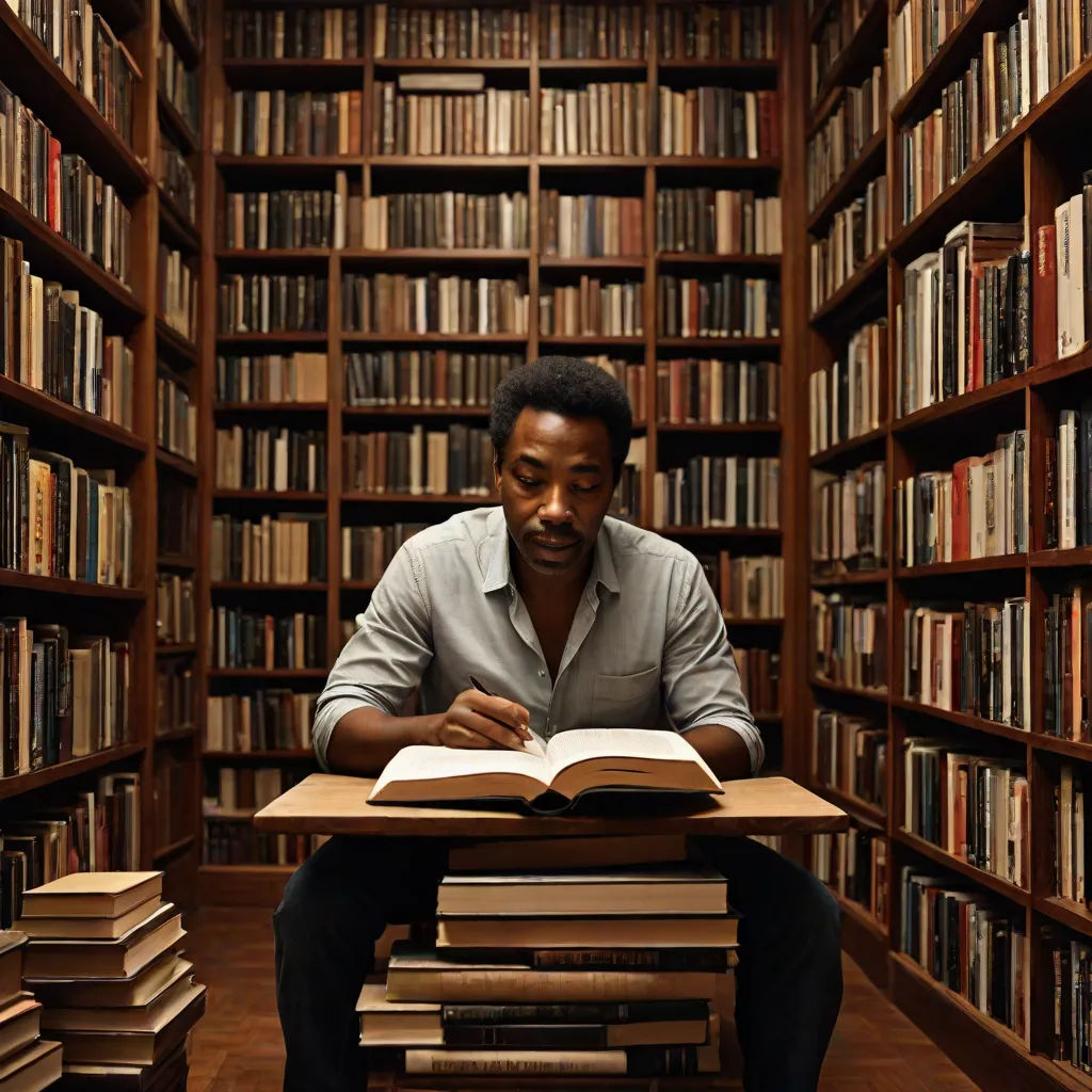 a man sitting at a table in a library reading a book and looking at the camera with a lot of books on the shelves, Andrew Boog Faithfull, black arts movement, a character portrait, promotional image