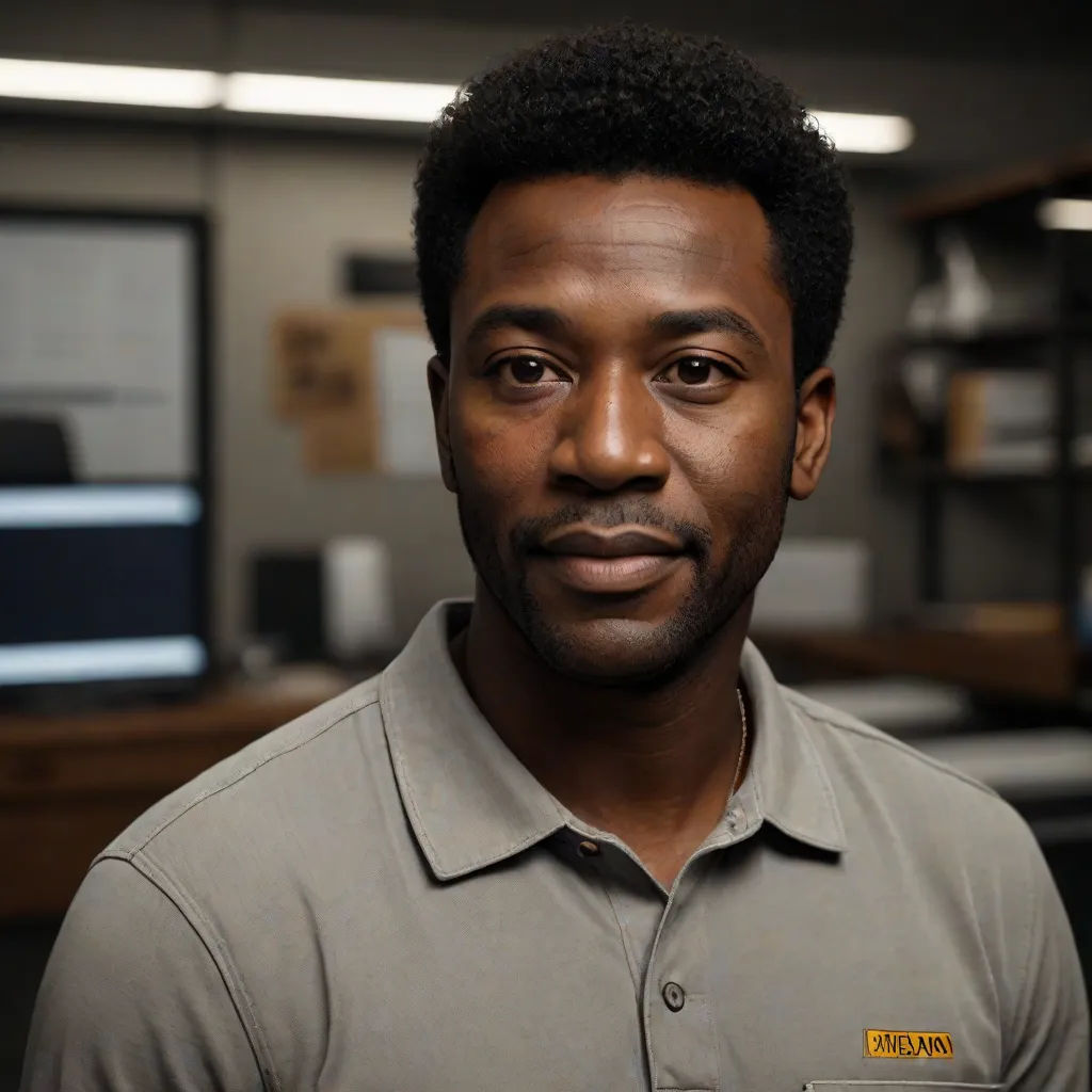 a man in a gray shirt is posing for a picture in an office setting with a computer desk and shelves, Bruce Onobrakpeya, rayonism, a character portrait, uhd 8 k