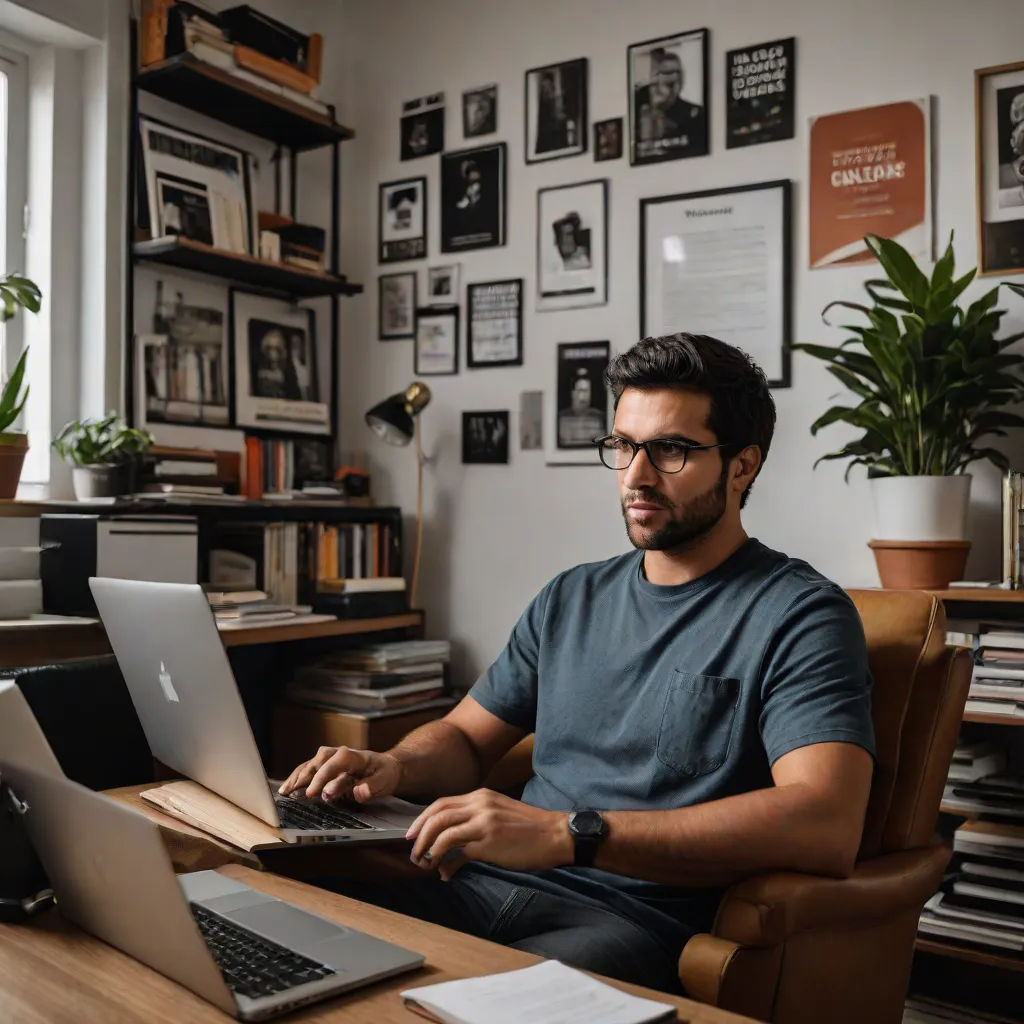 a man sitting at a desk with a laptop computer in front of him and a plant in the corner, Filip Hodas, international typographic style, a stock photo, affinity photo