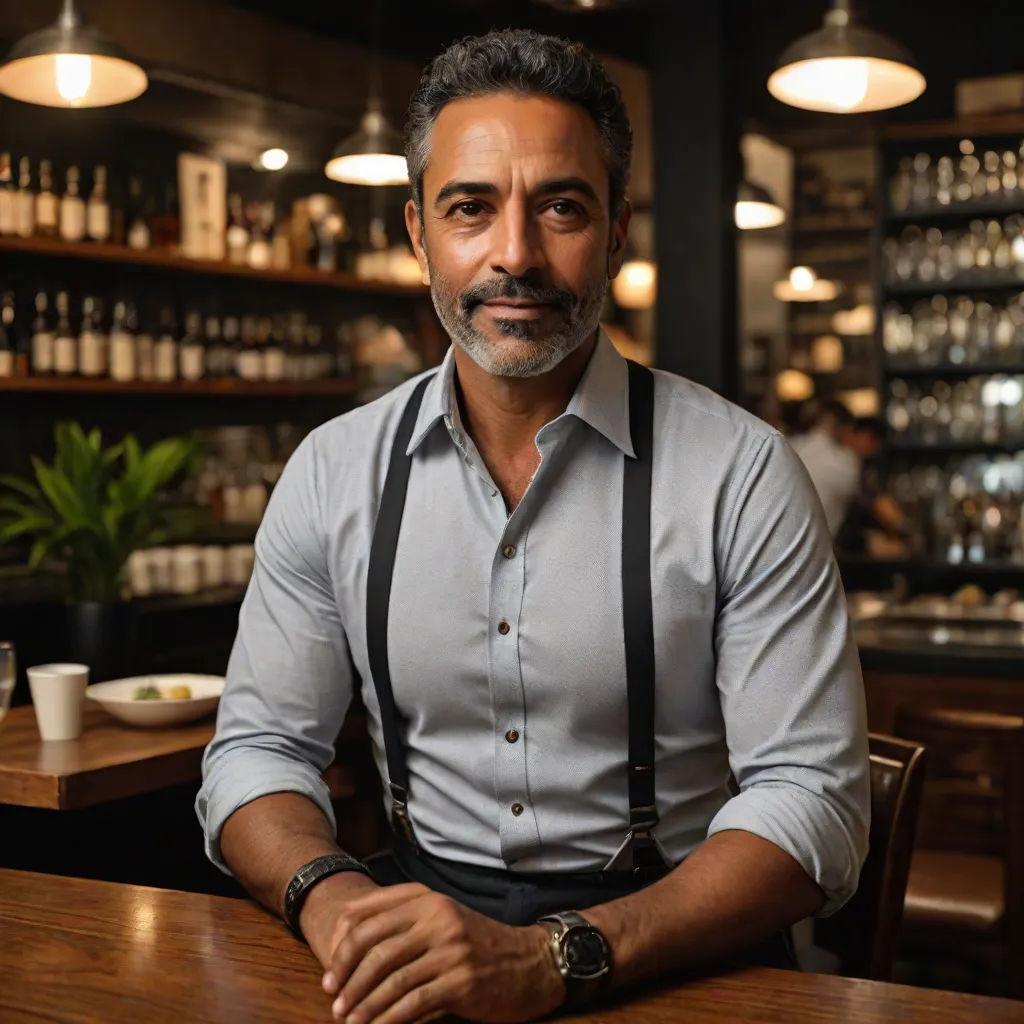 a man sitting at a bar with a smile on his face and arms crossed, with a bar in the background, Ahmed Karahisari, private press, a character portrait, professional food photography