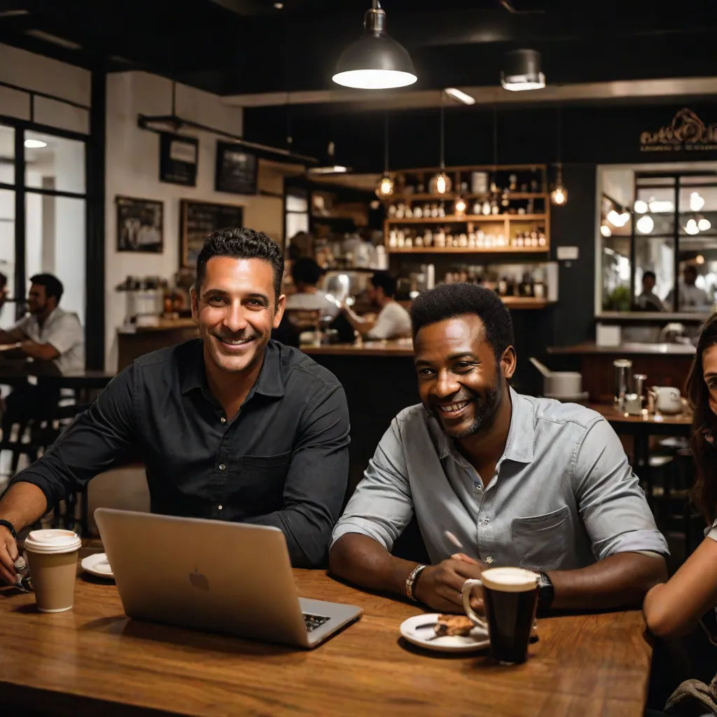 three people sitting at a table with a laptop and a cup of coffee in front of them, smiling, Afewerk Tekle, american barbizon school, a stock photo, affinity photo