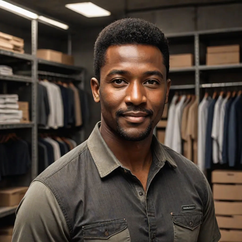 a man standing in front of a closet full of shirts and shirts on shelves and a shelf with folded shirts, Bruce Onobrakpeya, neo-figurative, a character portrait, character portrait