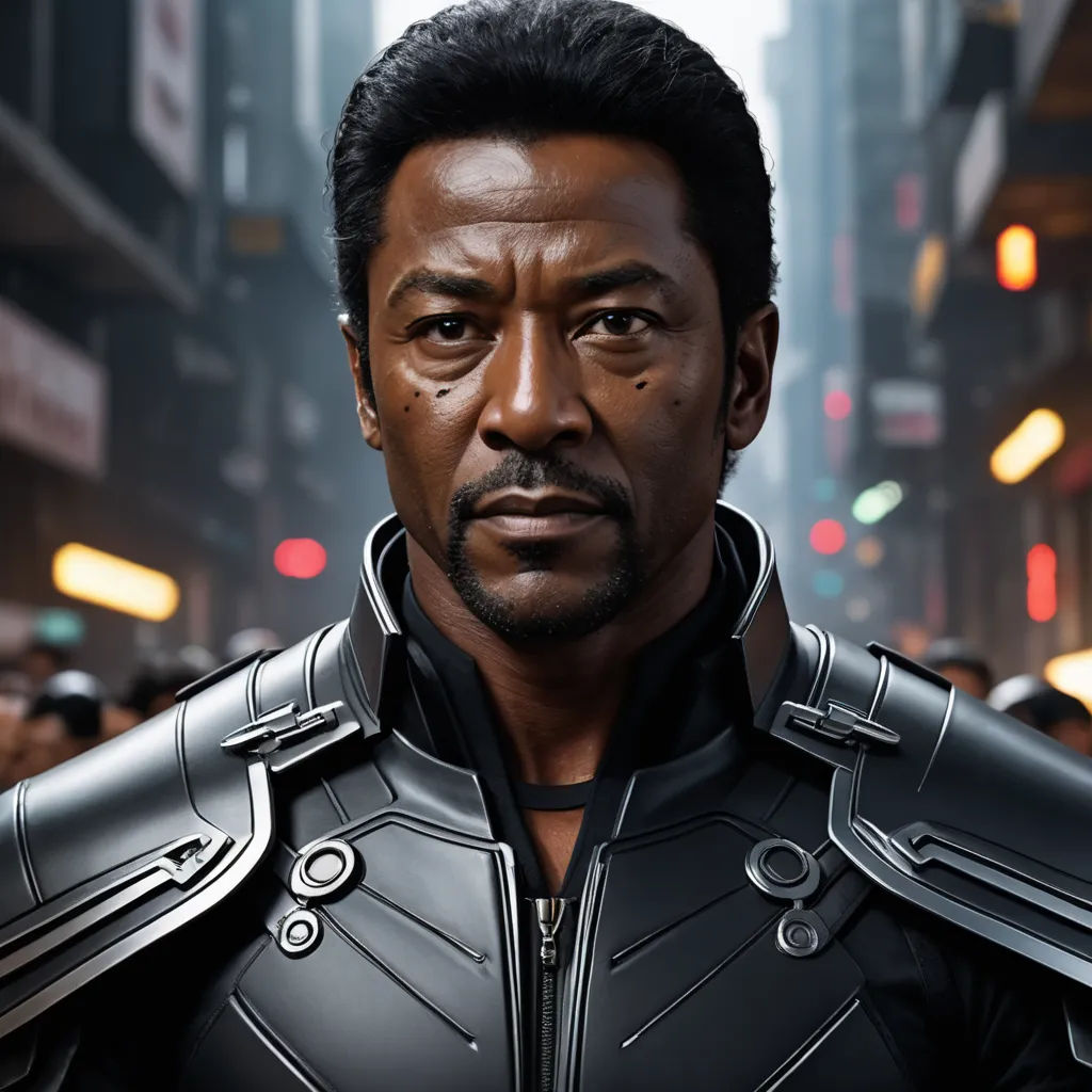 a man in a black suit and a city street with buildings in the background and a street light in the foreground, afrofuturism, a character portrait, Chafik Charobim, imax 70 mm footage