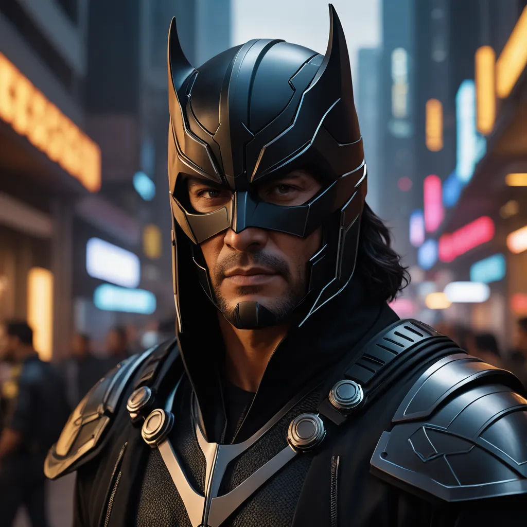 a man in a batman costume standing in a city street at night with a batman mask on his face, rayonism, a comic book panel, Altichiero, unreal engine highly rendered