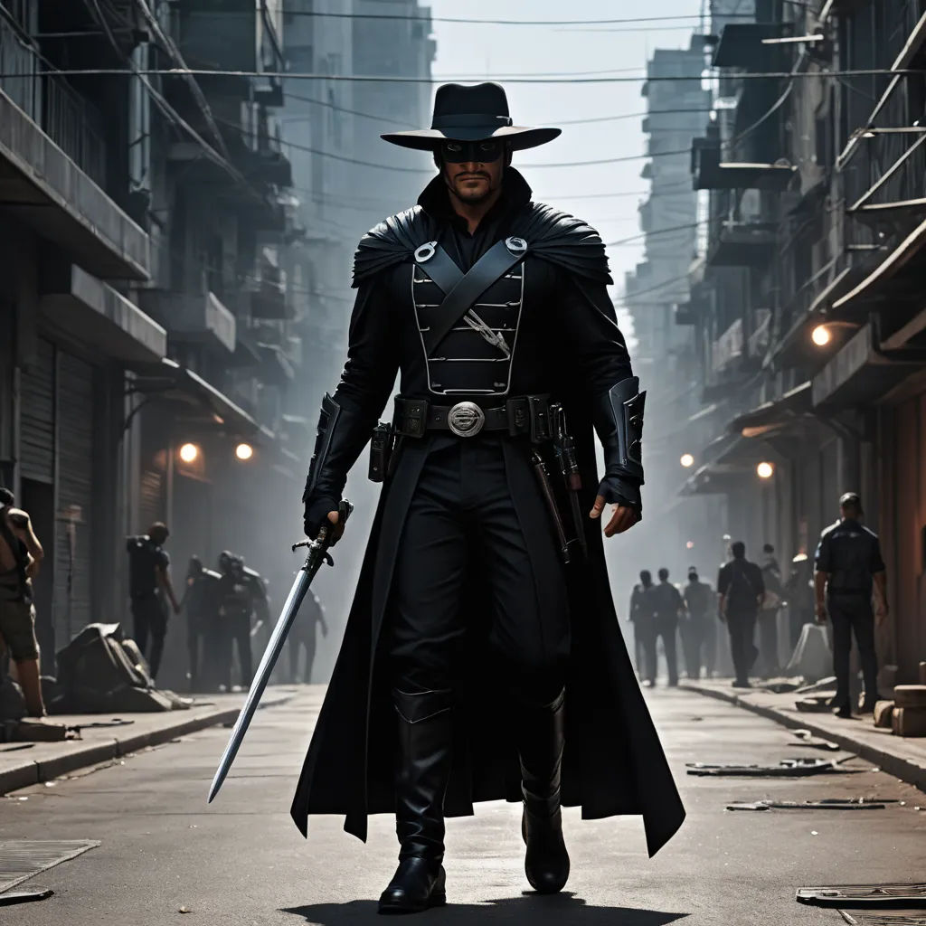 a man in a black outfit and hat with a sword in his hand walking down a street in a city, rayonism, a matte painting, Boleslaw Cybis, western comic book art