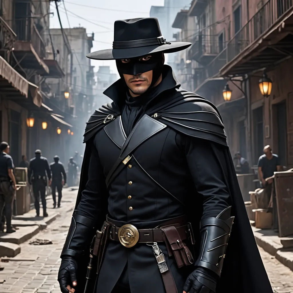 a man in a black outfit and hat standing on a street with a gun in his hand and a black hat on his head, rasquache, a character portrait, Altichiero, promotional image