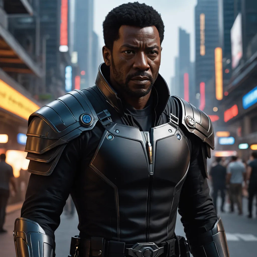 a man in a futuristic suit standing on a city street in front of a neon sign that reads'black panther ', afrofuturism, a character portrait, Derold Page, promotional image