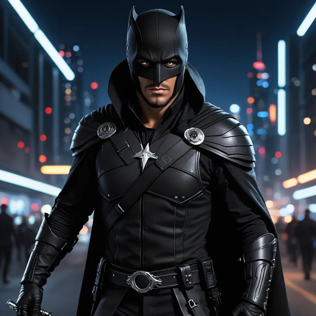 a man dressed in a batman costume standing on a street at night with a city in the background and a star on his chest, rayonism, a comic book panel, Altichiero, promotional image