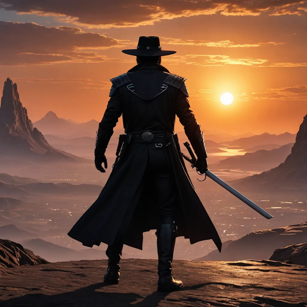 a man in a hat and coat holding a sword on a mountain top at sunset with a view of the city below, fantasy art, concept art, Eddie Mendoza, unreal engine 5