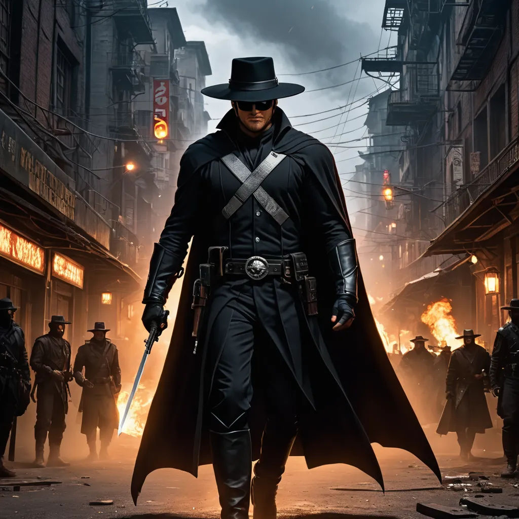 a man in a black hat and trench coat walking down a street with a sword in his hand and a gun in his other hand, rayonism, poster art, Dirk Crabeth, western comic book art