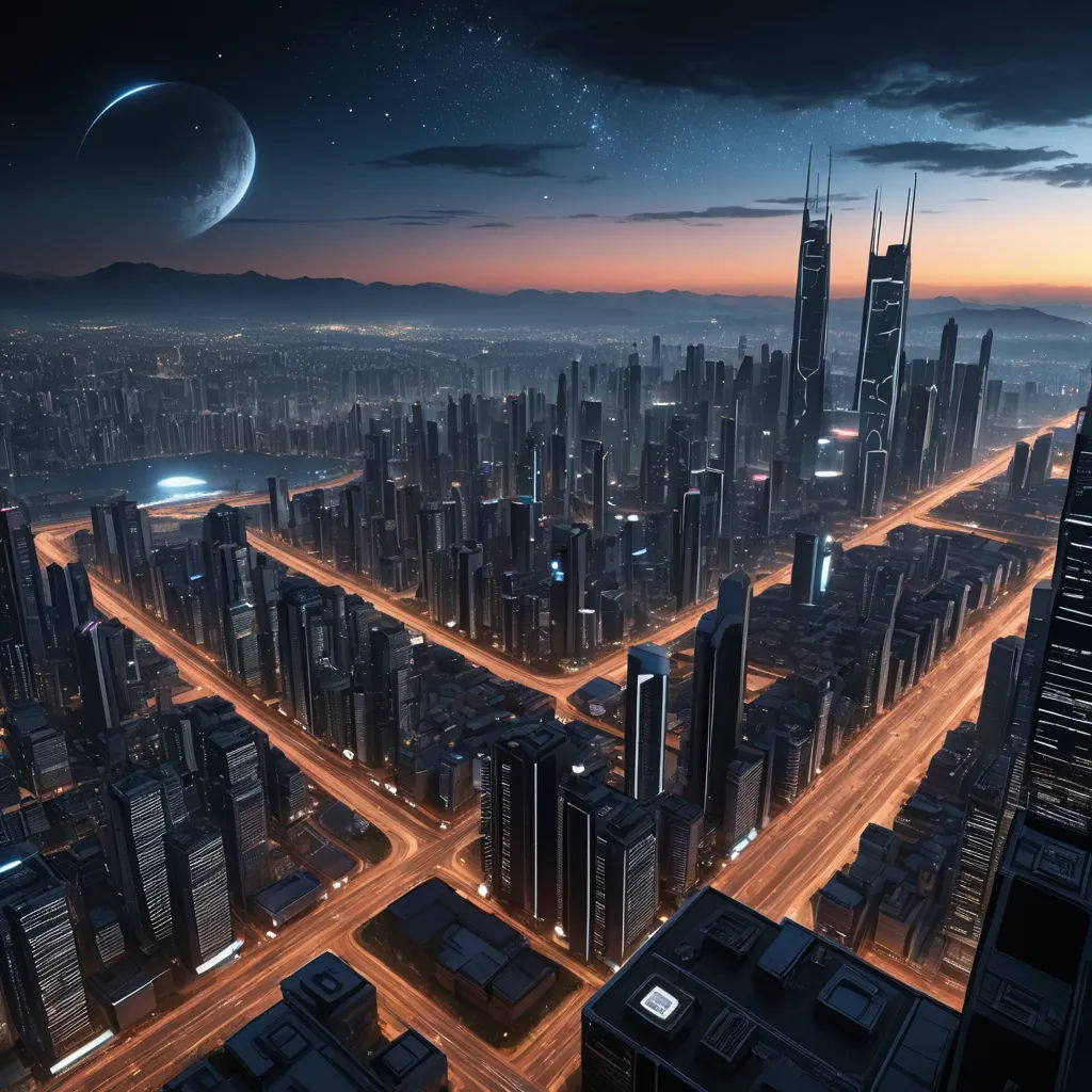 a futuristic city with a lot of tall buildings and a moon in the sky above it at night time, retrofuturism, a detailed matte painting, Filip Hodas, star citizen halo