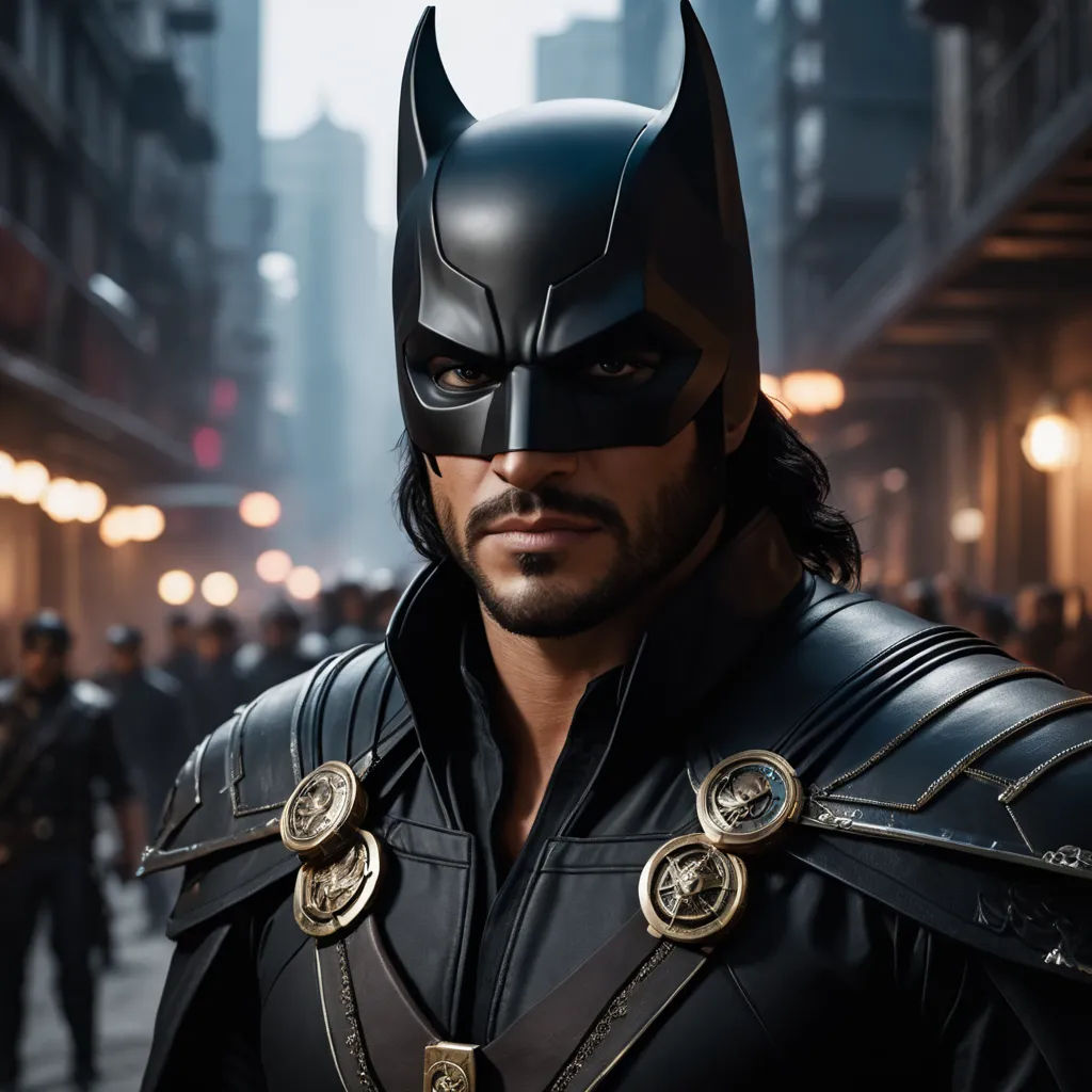a man in a batman costume standing in a street with other people in the background and a city street, rayonism, a comic book panel, Altichiero, unreal engine 5 highly rendered
