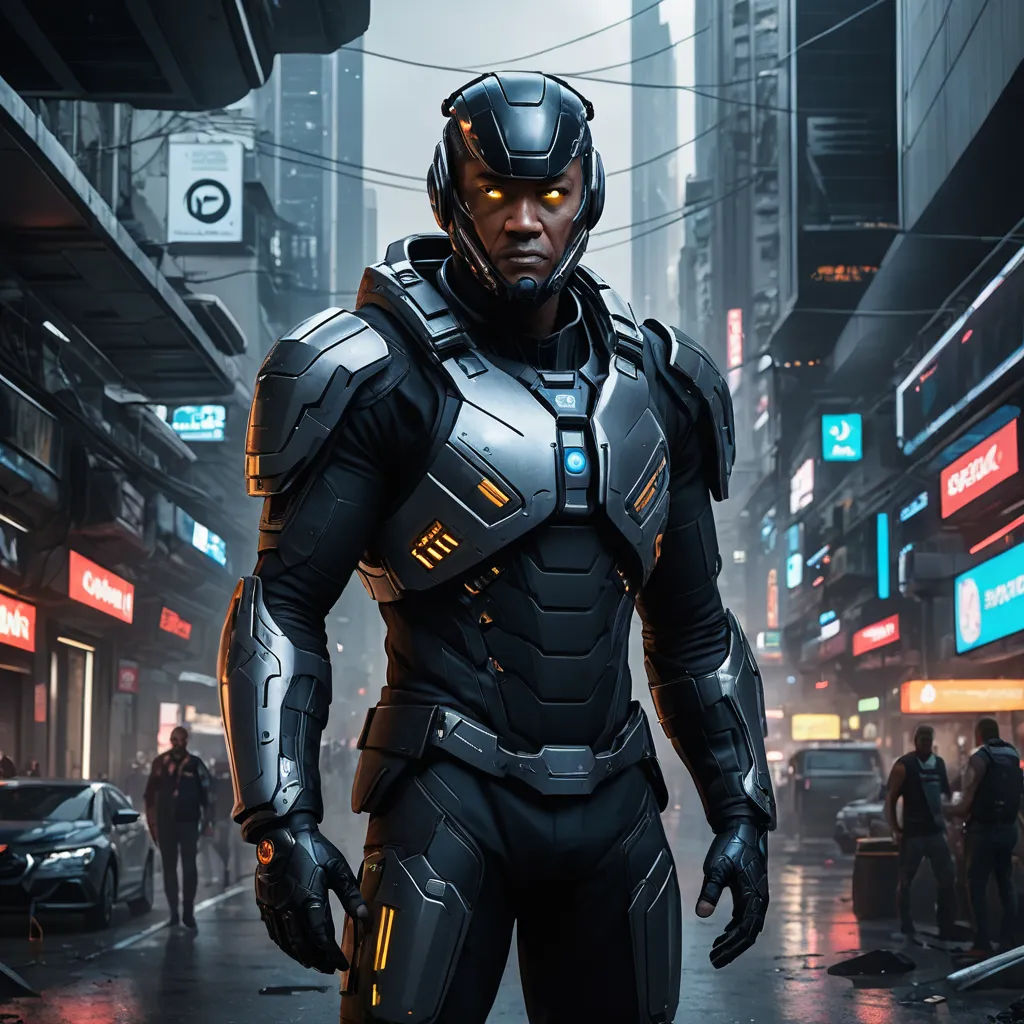 a man in a futuristic suit standing in a city street at night with a neon light on his face, afrofuturism, a character portrait, Eve Ryder, cyborg